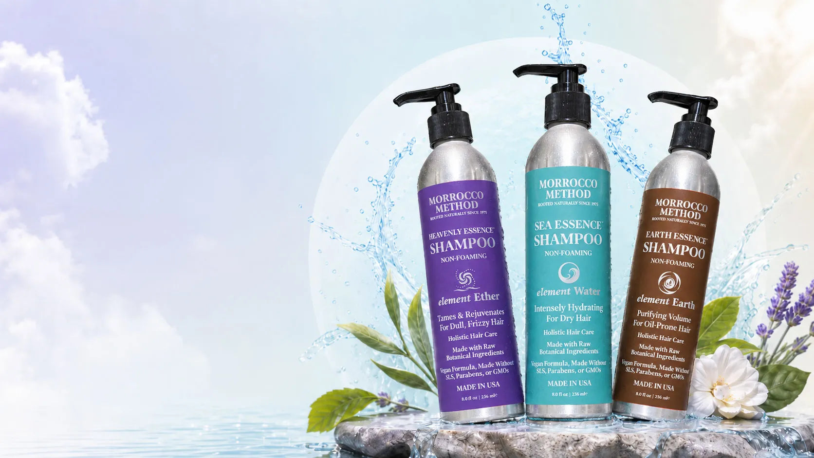 Morrocco Method natural sulfate-free shampoos — Heavenly, Sea, and Earth Essence